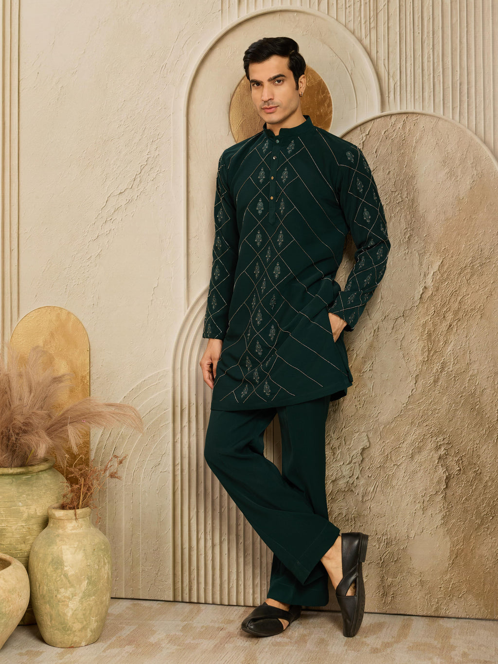 Green Armani Beads & Thread work Kurta Set | Tulip Designer
