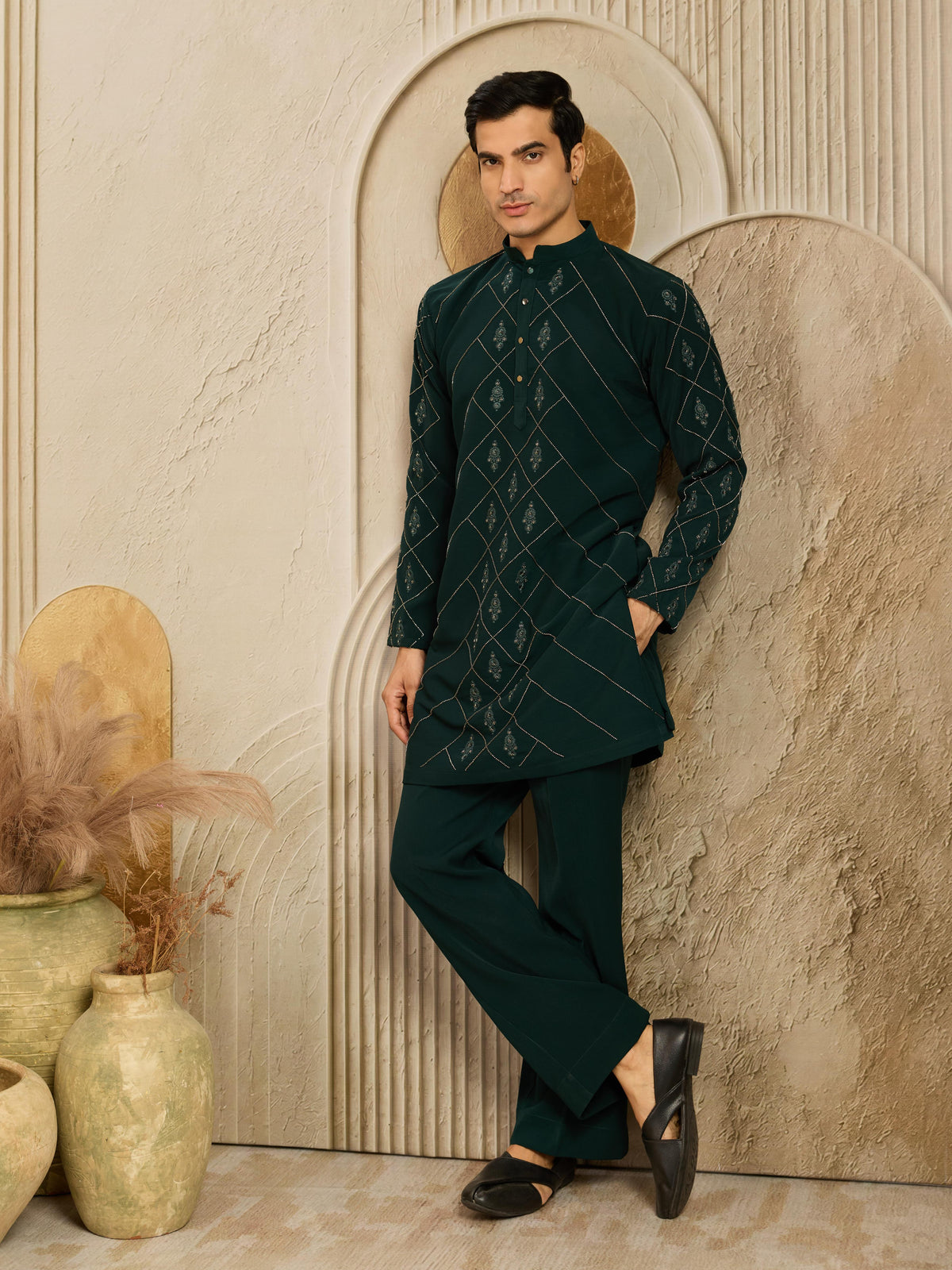 Green Armani Beads & Thread work Kurta Set | Tulip Designer
