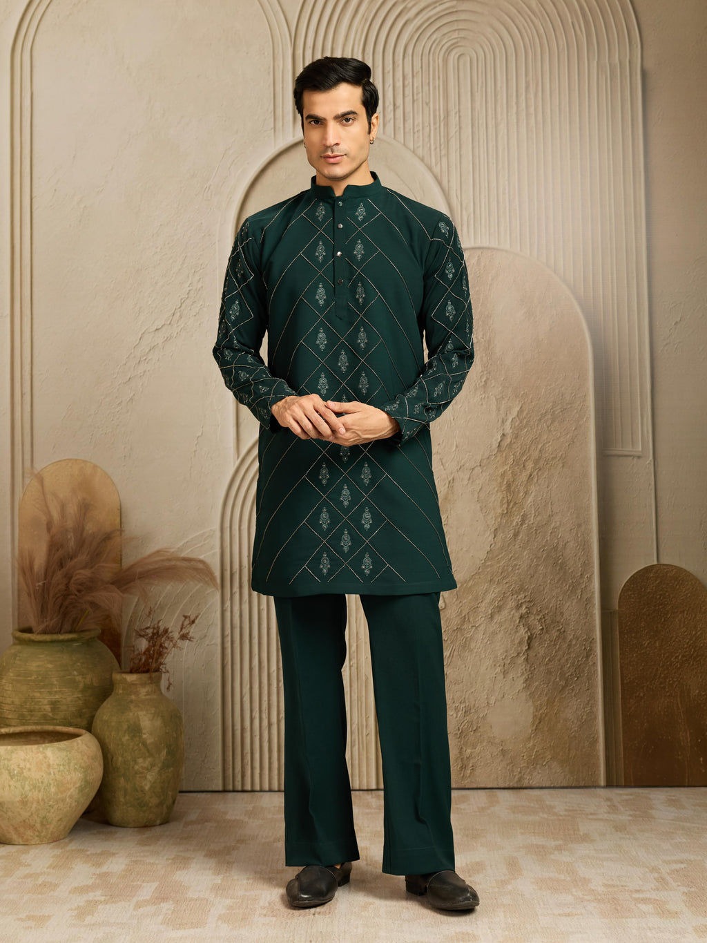 Green Armani Beads & Thread work Kurta Set | Tulip Designer

