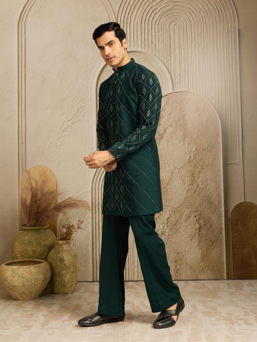 Green Armani Beads & Thread work Kurta Set | Tulip Designer
