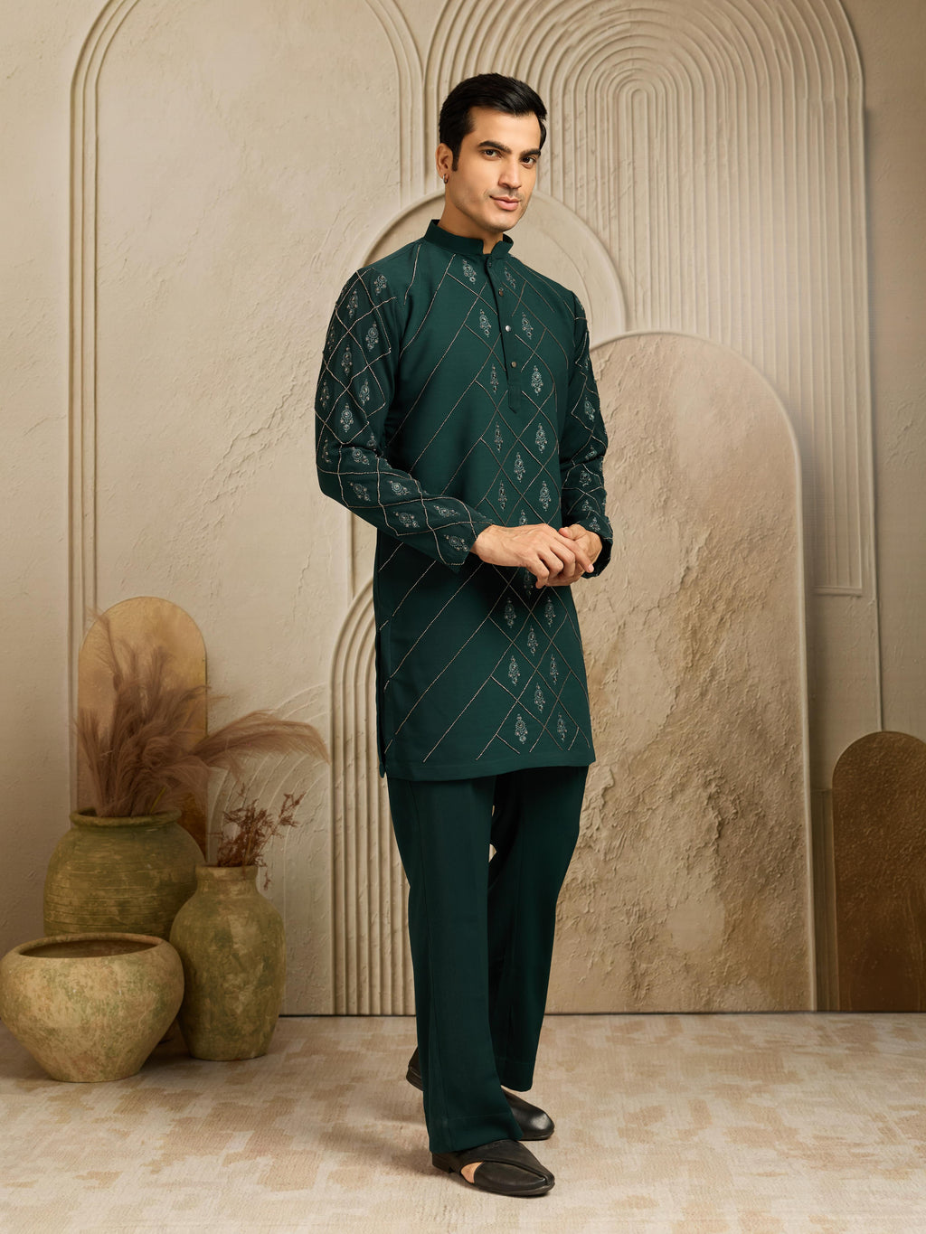 Green Armani Beads & Thread work Kurta Set | Tulip Designer
