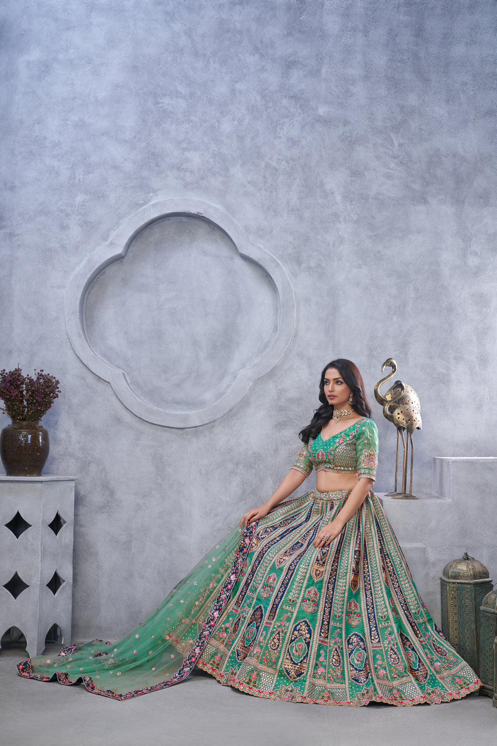 Green Banarasi Silk Temple Motif Bridal Lehenga Choli with Soft Net Dupatta
