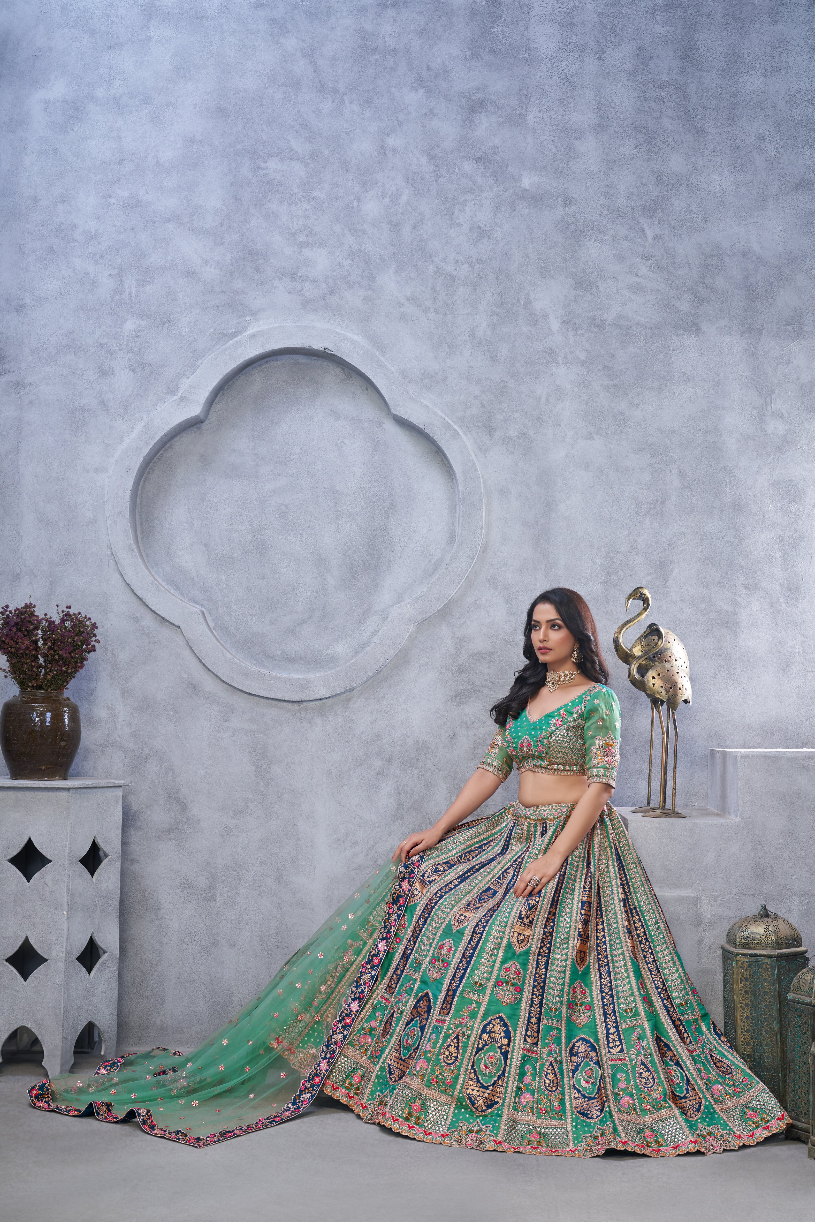Green Banarasi Silk Temple Motif Bridal Lehenga Choli with Soft Net Dupatta
