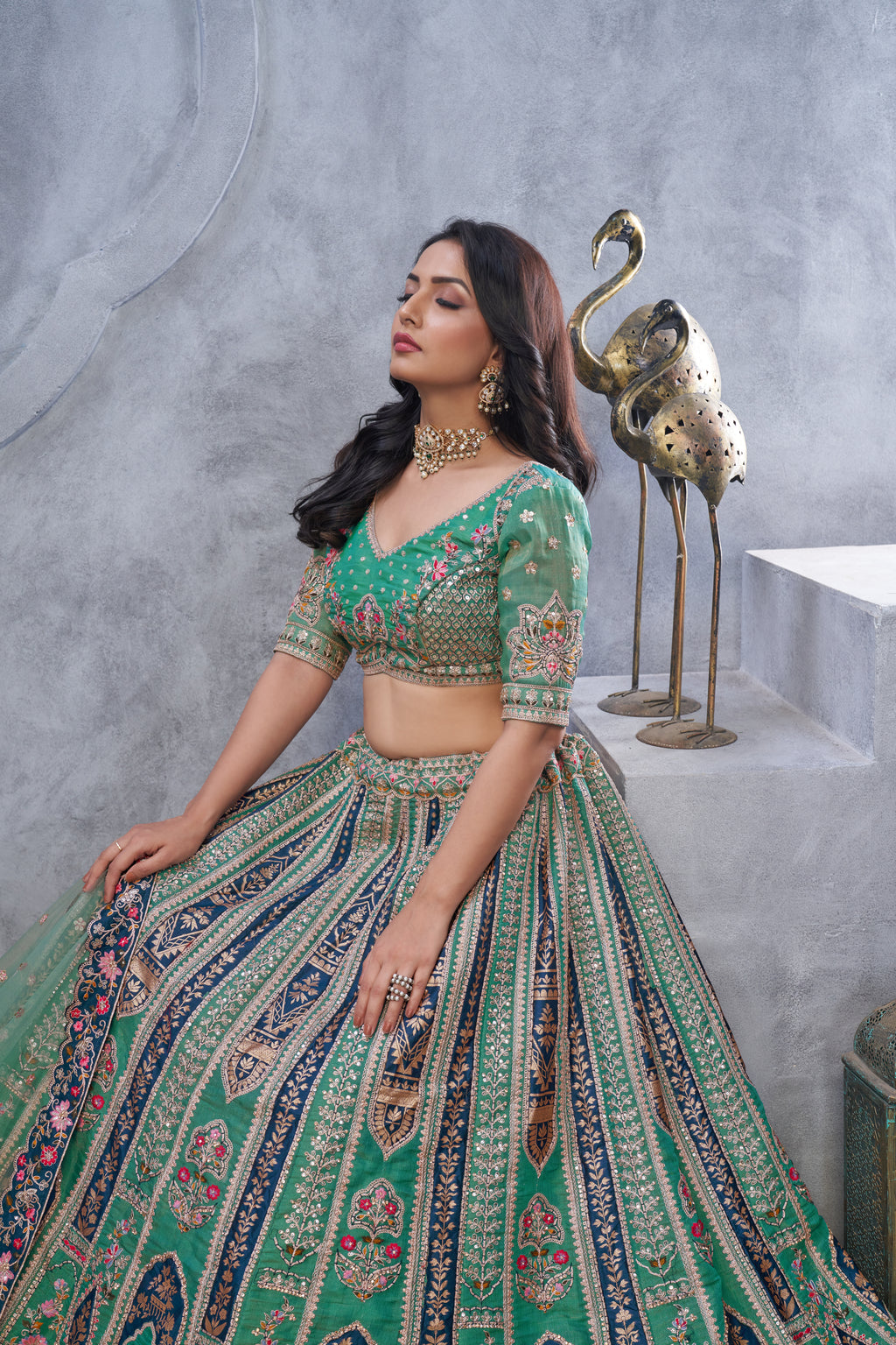 Green Banarasi Silk Temple Motif Bridal Lehenga Choli with Soft Net Dupatta
