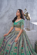 Green Banarasi Silk Temple Motif Bridal Lehenga Choli with Soft Net Dupatta
