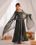 Pure Soft Light Weight Bandhej Fully Flaired Gown, Dupatta and Pent Set Ready to Wear Fully Stitched-Green