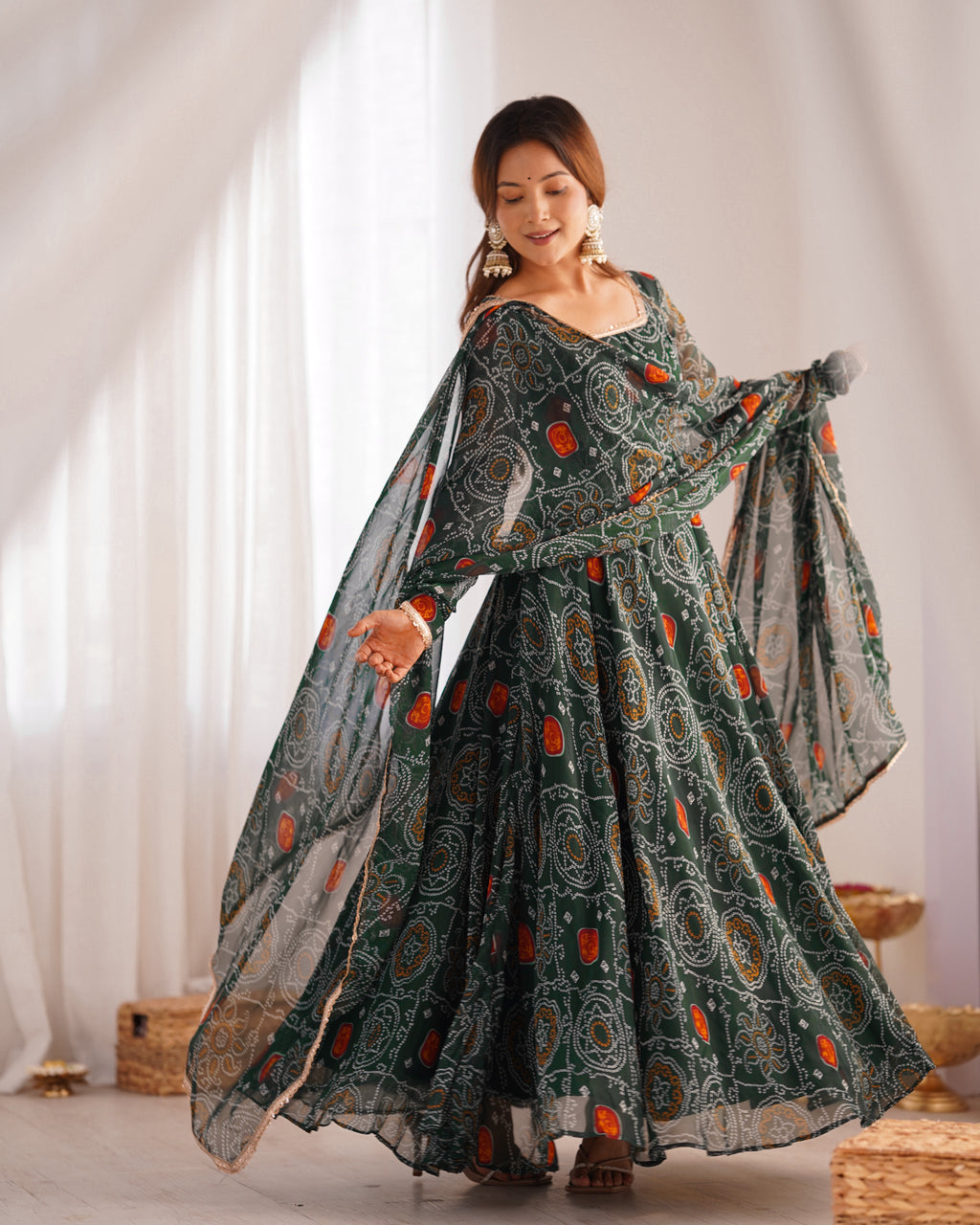 Pure Soft Light Weight Bandhej Fully Flaired Gown, Dupatta and Pent Set Ready to Wear Fully Stitched-Green
