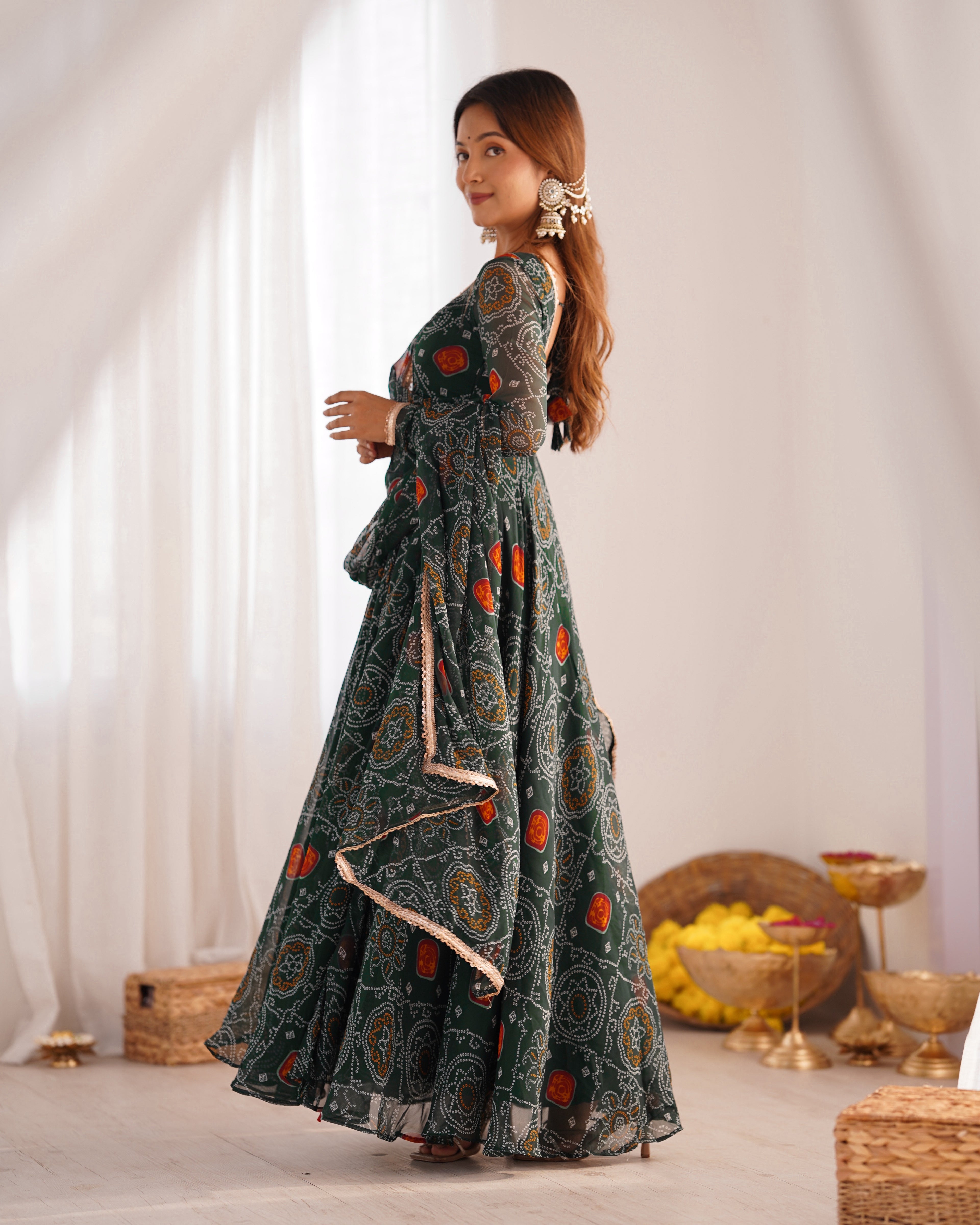 Pure Soft Light Weight Bandhej Fully Flaired Gown, Dupatta and Pent Set Ready to Wear Fully Stitched-Green

