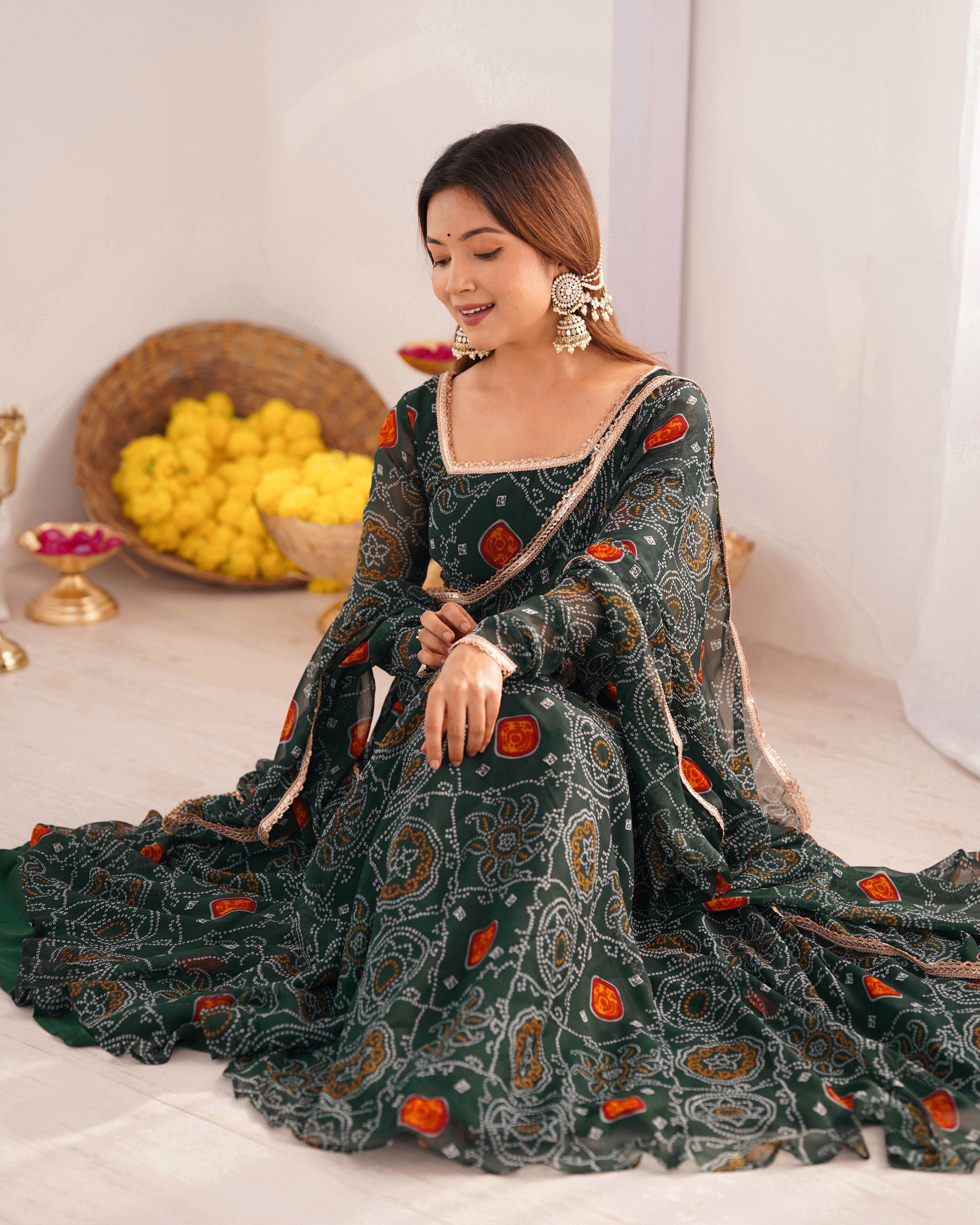 Pure Soft Light Weight Bandhej Fully Flaired Gown, Dupatta and Pent Set Ready to Wear Fully Stitched-Green
