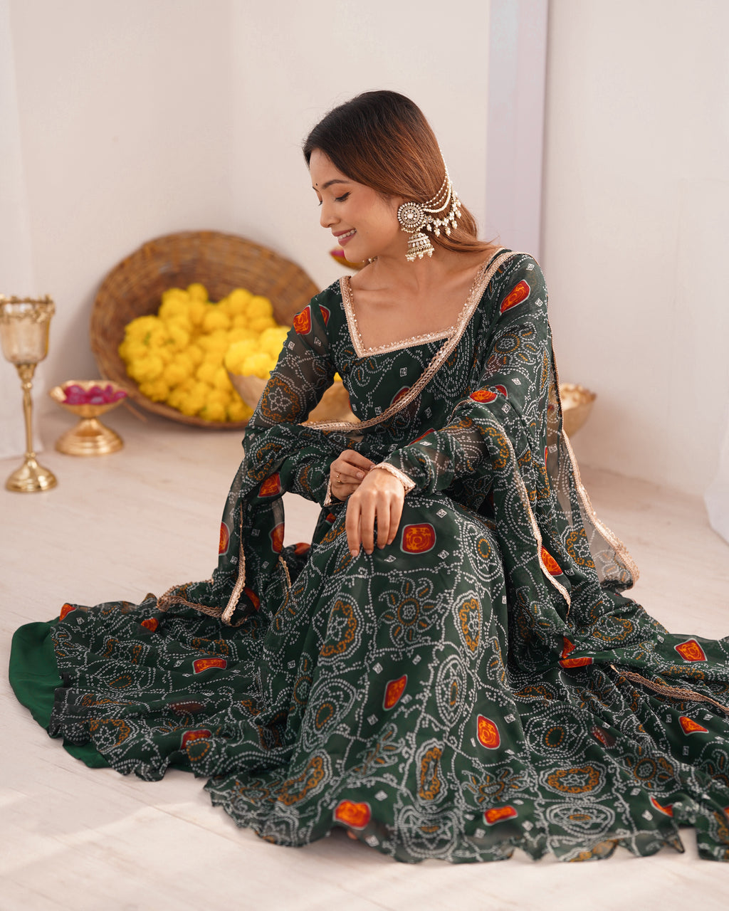 Pure Soft Light Weight Bandhej Fully Flaired Gown, Dupatta and Pent Set Ready to Wear Fully Stitched-Green
