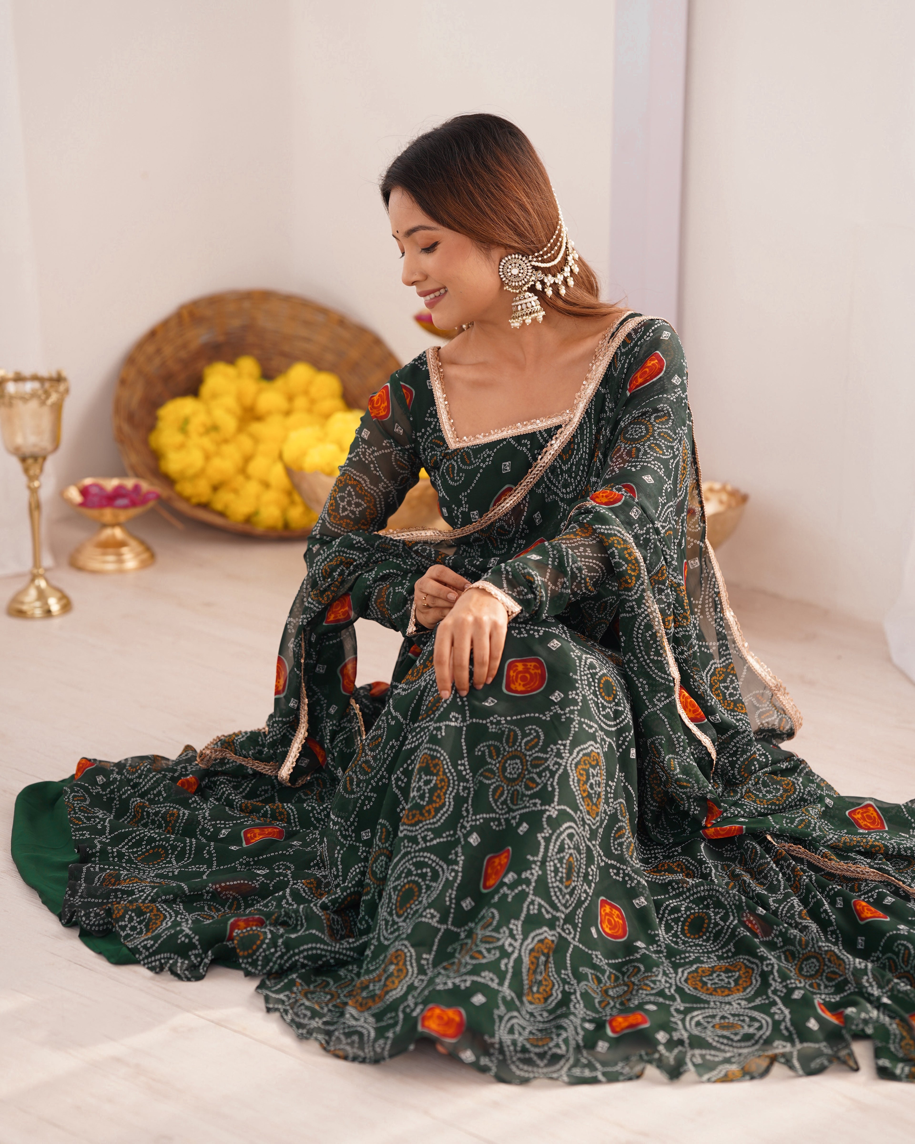 Pure Soft Light Weight Bandhej Fully Flaired Gown, Dupatta and Pent Set Ready to Wear Fully Stitched-Green
