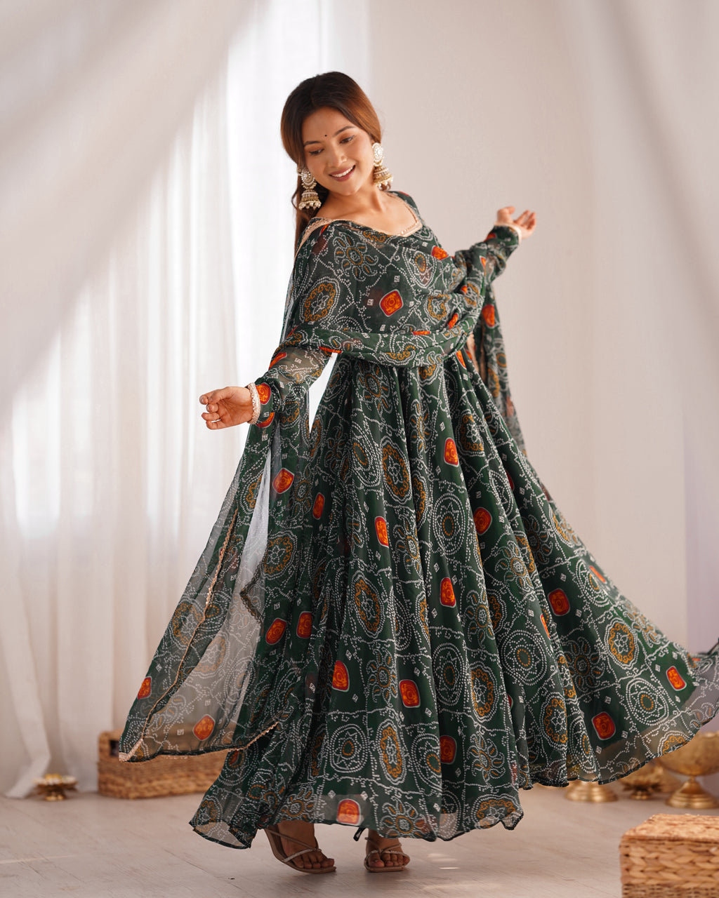 Pure Soft Light Weight Bandhej Fully Flaired Gown, Dupatta and Pent Set Ready to Wear Fully Stitched-Green
