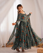 Pure Soft Light Weight Bandhej Fully Flaired Gown, Dupatta and Pent Set Ready to Wear Fully Stitched-Green
