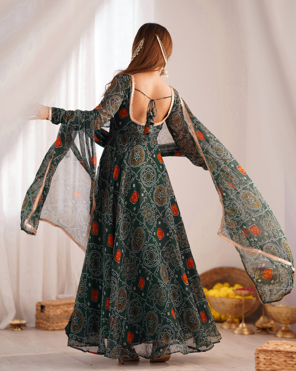 Pure Soft Light Weight Bandhej Fully Flaired Gown, Dupatta and Pent Set Ready to Wear Fully Stitched-Green
