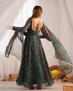 Pure Soft Light Weight Bandhej Fully Flaired Gown, Dupatta and Pent Set Ready to Wear Fully Stitched-Green
