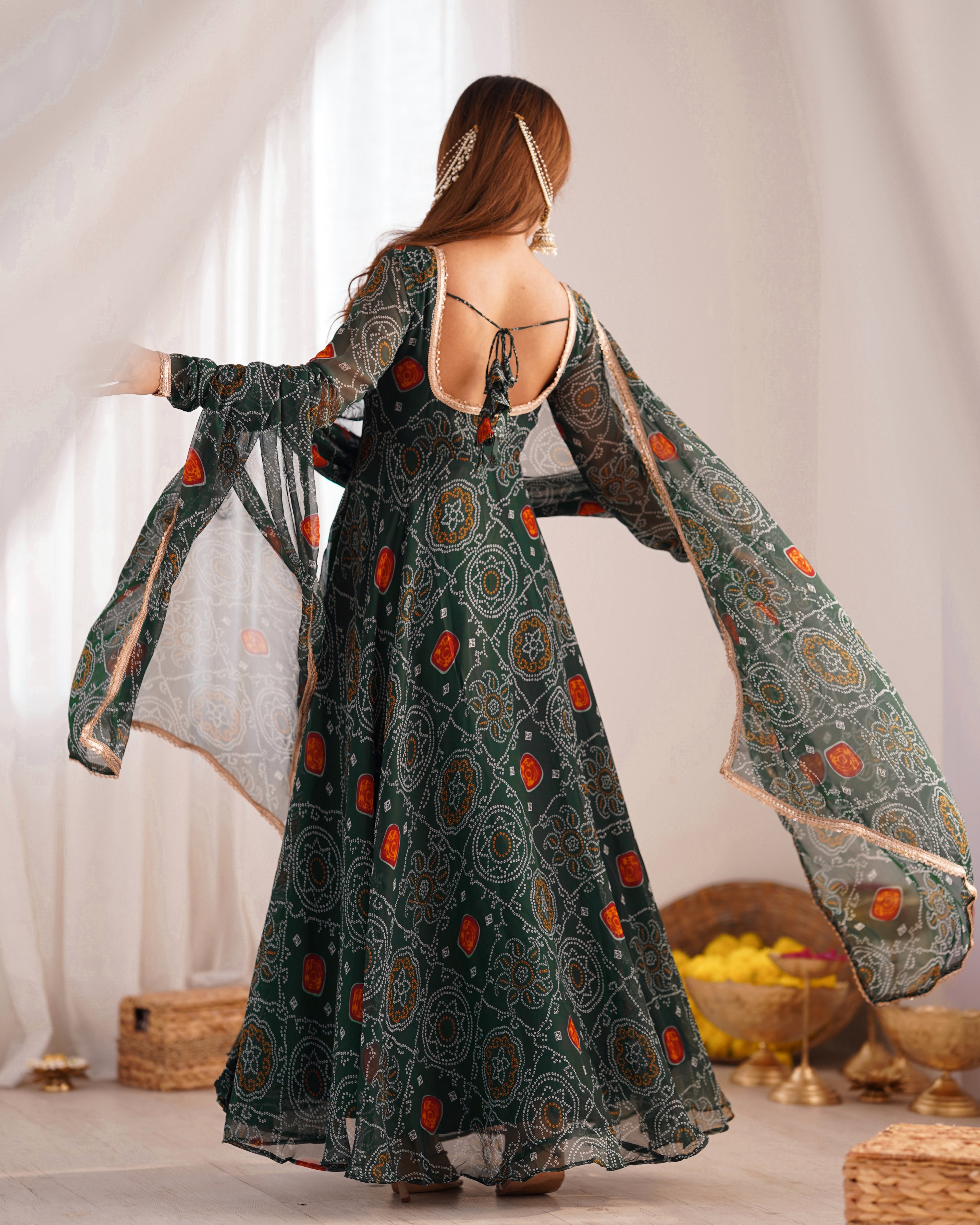 Pure Soft Light Weight Bandhej Fully Flaired Gown, Dupatta and Pent Set Ready to Wear Fully Stitched-Green
