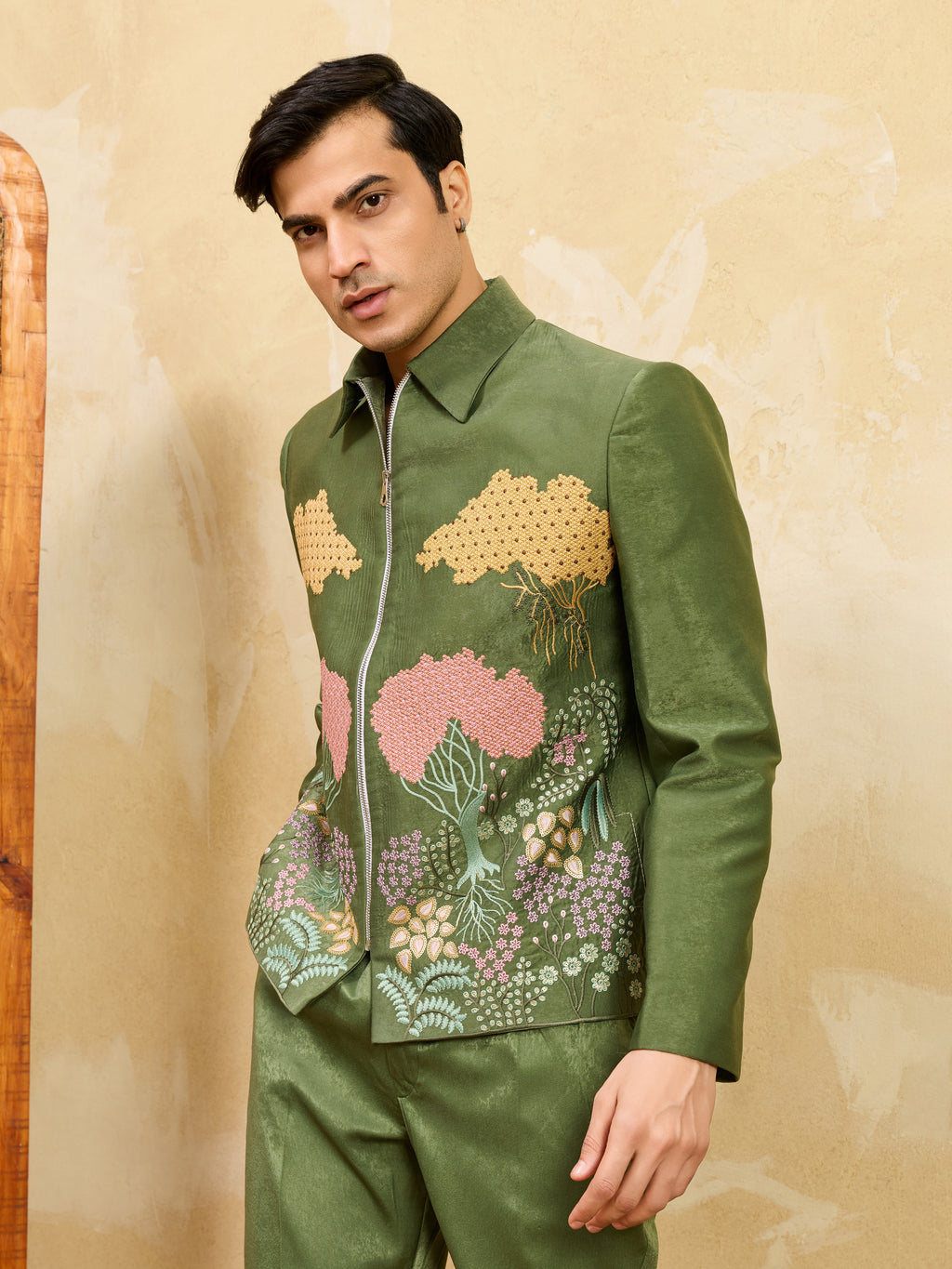 Regal Green Bomber Jacket with Thread Work and Pant for Mens