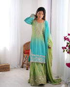 Premium Chinnon Silk with Coding Dori with Sequence with Rivet Moti Work Fancy Suit Set