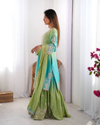 Premium Chinnon Silk with Coding Dori with Sequence with Rivet Moti Work Fancy Suit Set
