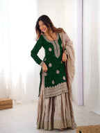 Party Wear Green Chinon Silk Embroidered Top Sharara Set with Dupatta

