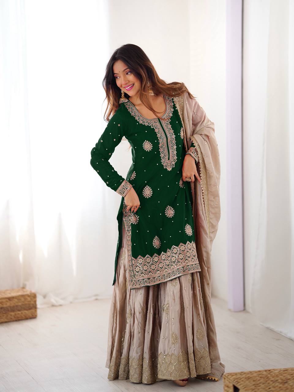 Party Wear Green Chinon Silk Embroidered Top Sharara Set with Dupatta
