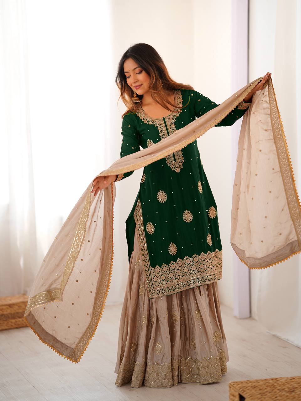 Party Wear Green Chinon Silk Embroidered Top Sharara Set with Dupatta
