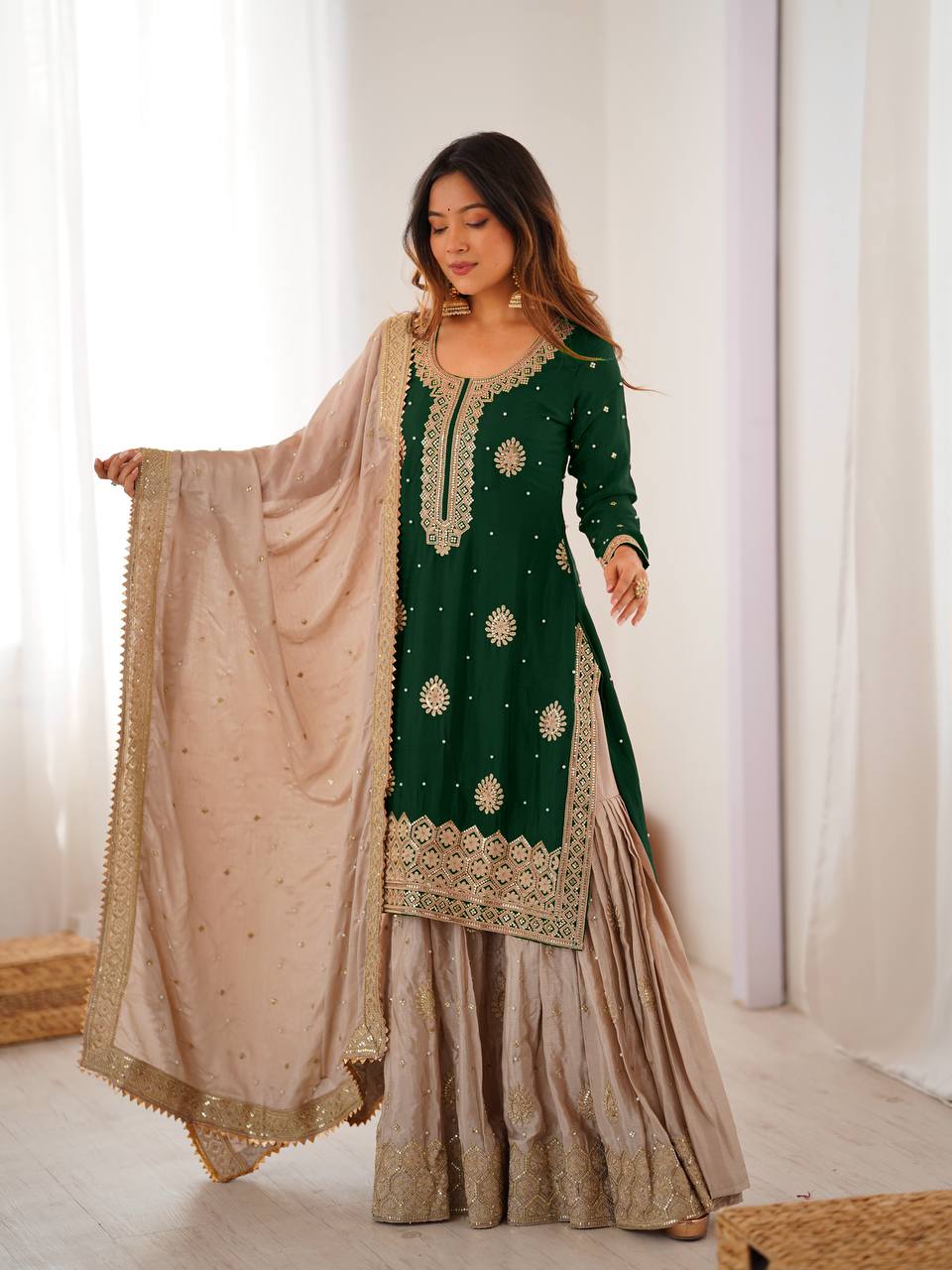 Party Wear Green Chinon Silk Embroidered Top Sharara Set with Dupatta
