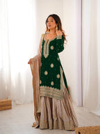 Party Wear Green Chinon Silk Embroidered Top Sharara Set with Dupatta
