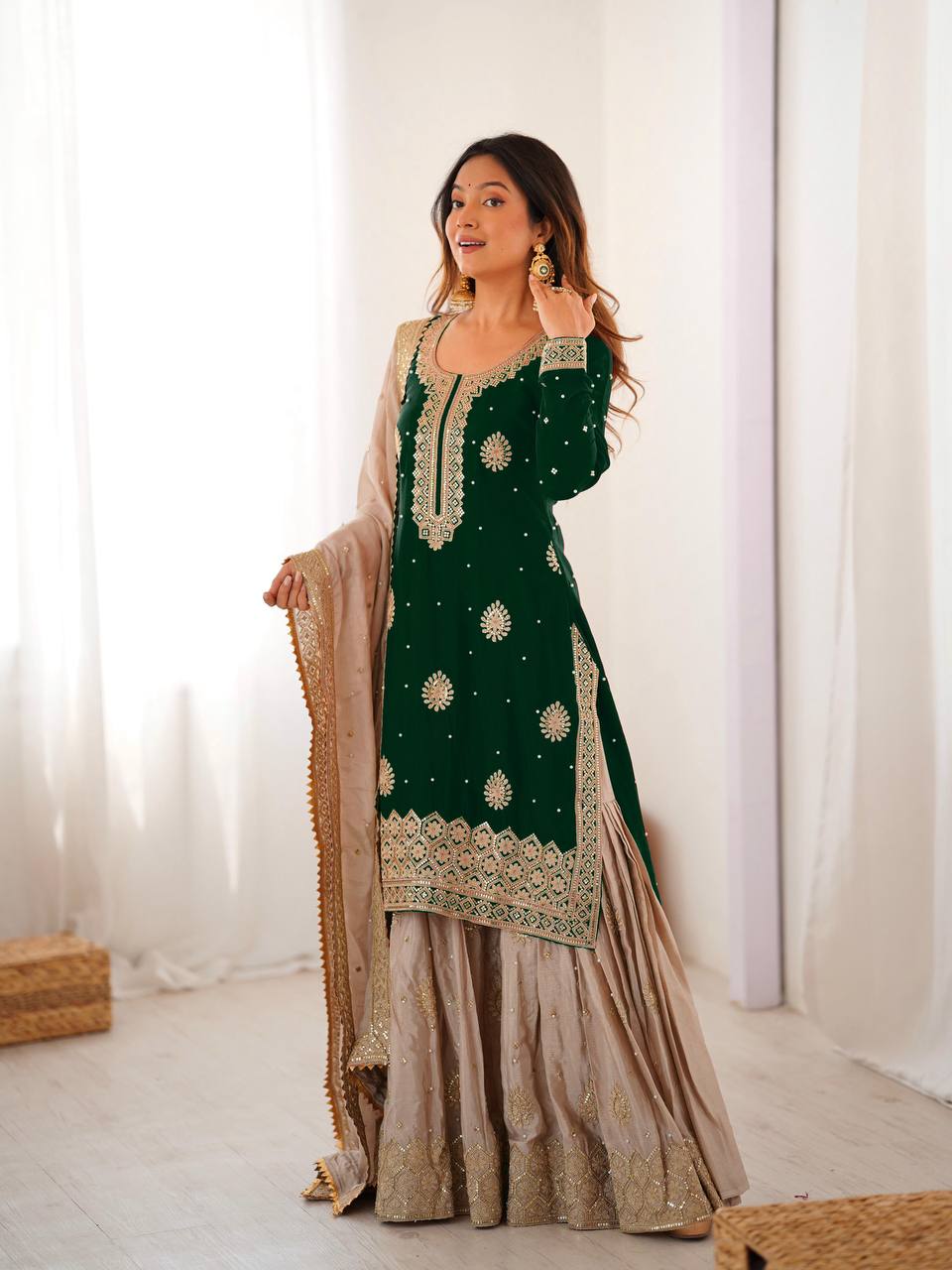 Party Wear Green Chinon Silk Embroidered Top Sharara Set with Dupatta
