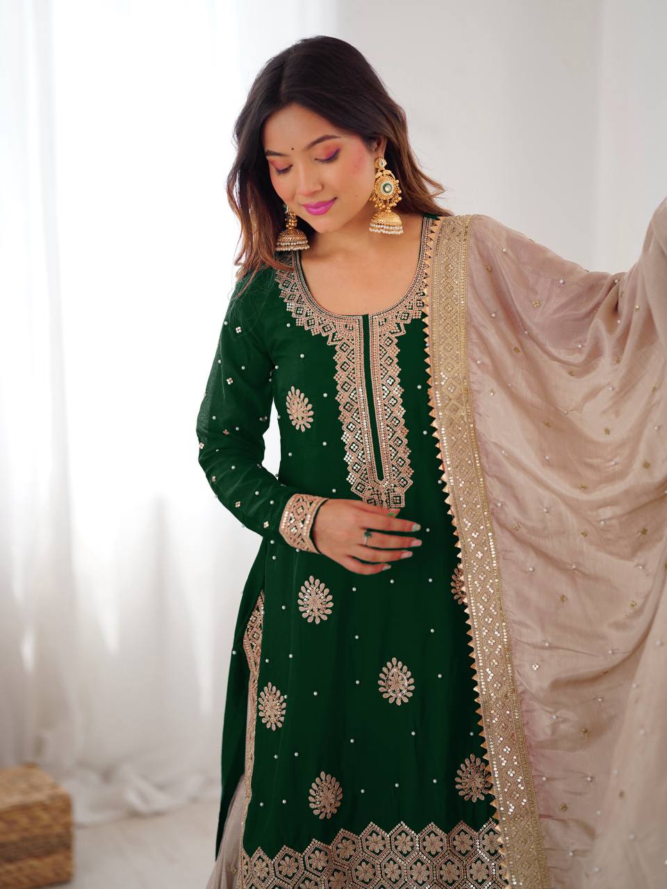 Party Wear Green Chinon Silk Embroidered Top Sharara Set with Dupatta
