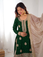 Party Wear Green Chinon Silk Embroidered Top Sharara Set with Dupatta
