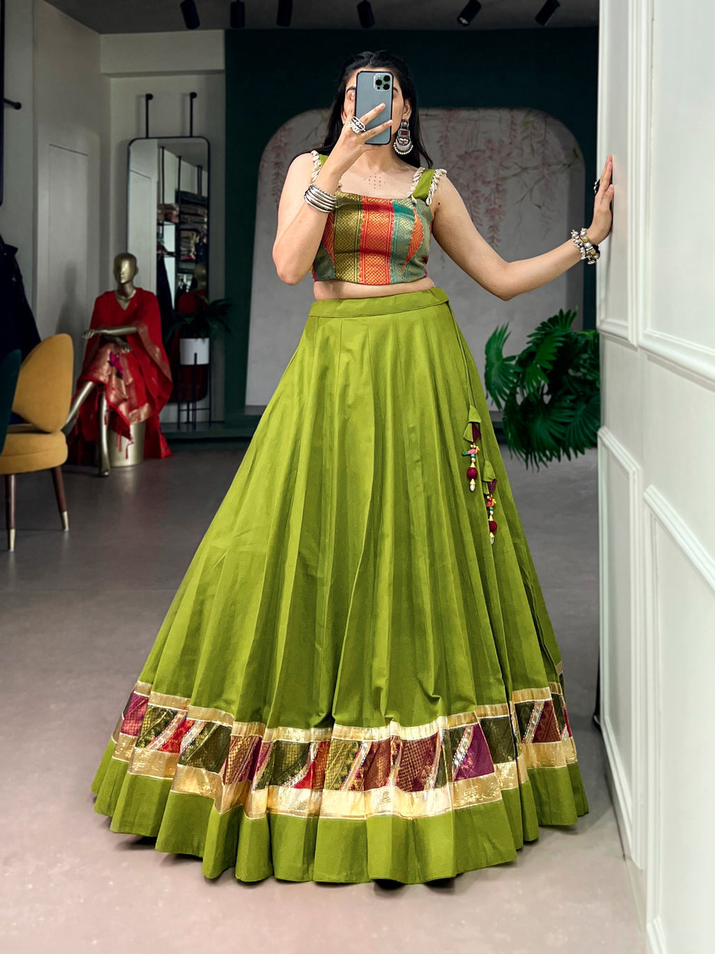 Premium Green Cotton Navratri Lehenga with Embossed Design Work
