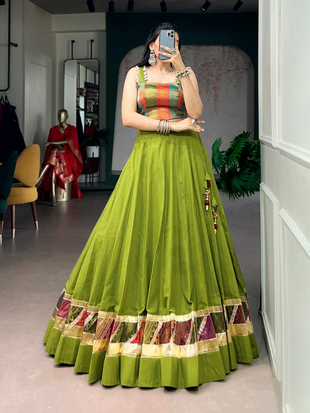 Premium Green Cotton Navratri Lehenga with Embossed Design Work
