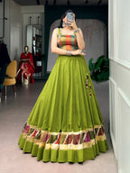 Premium Green Cotton Navratri Lehenga with Embossed Design Work

