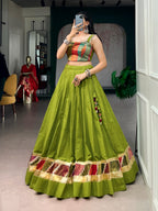 Premium Green Cotton Navratri Lehenga with Embossed Design Work
