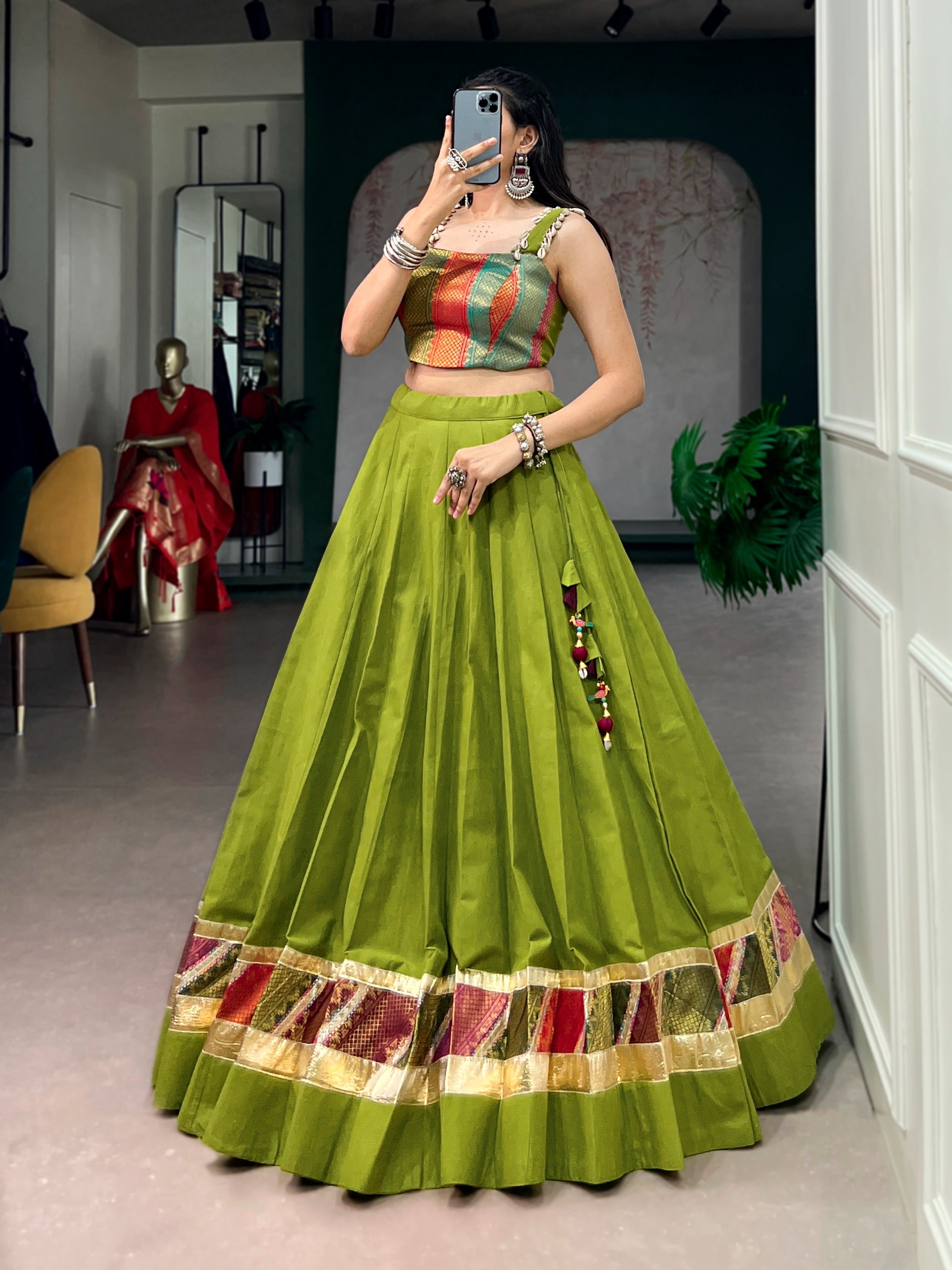 Premium Green Cotton Navratri Lehenga with Embossed Design Work
