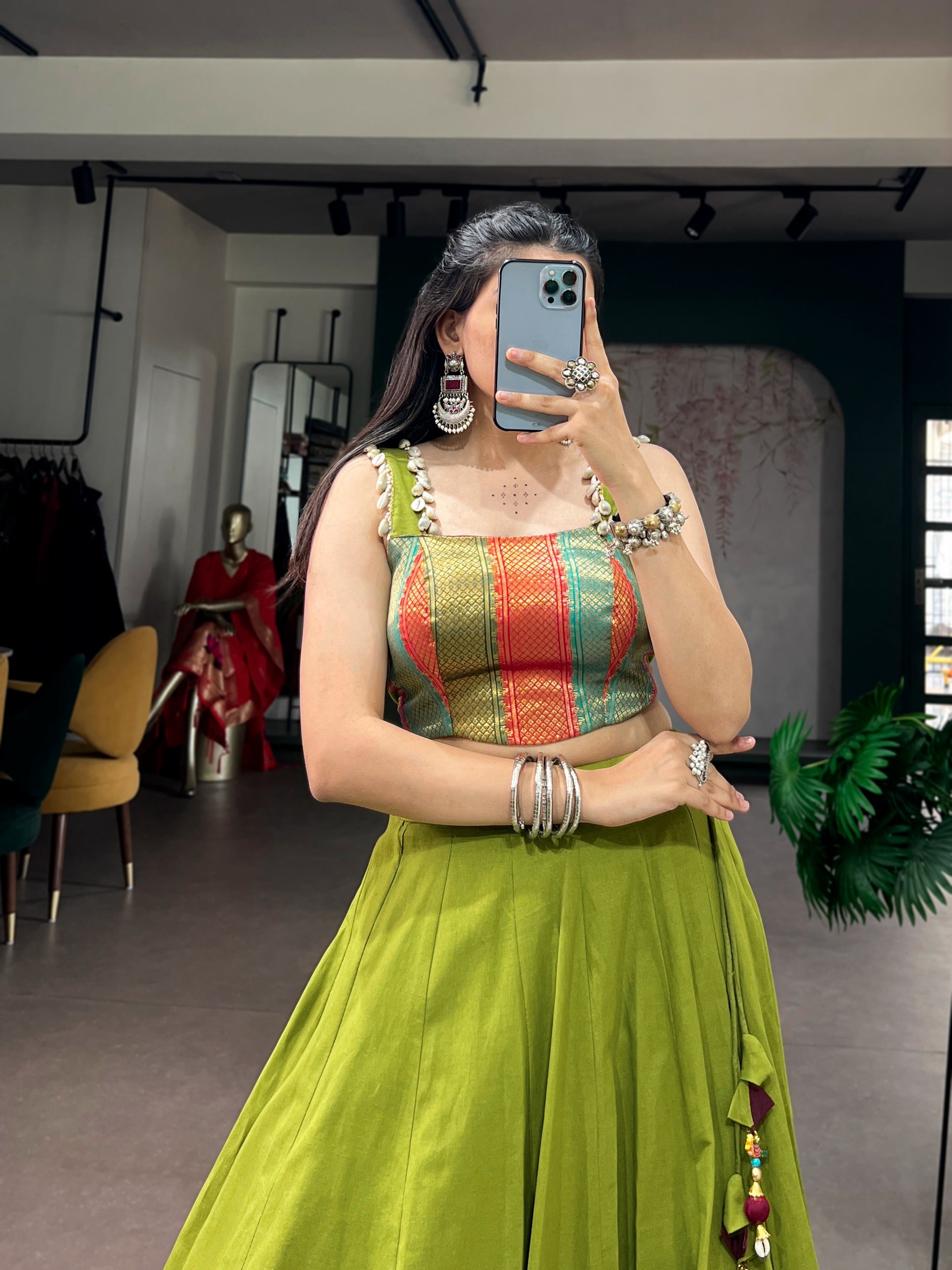 Premium Green Cotton Navratri Lehenga with Embossed Design Work
