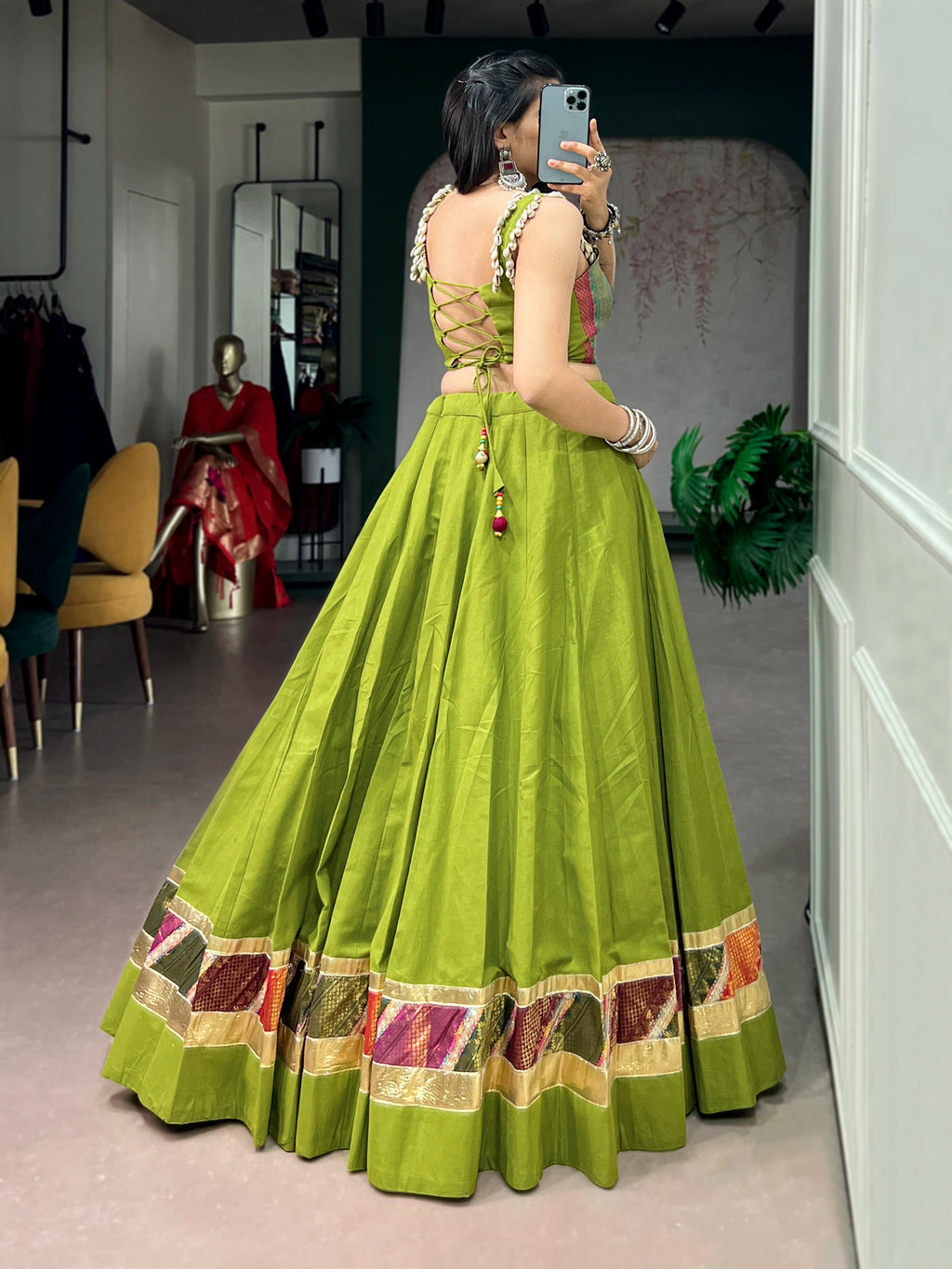 Premium Green Cotton Navratri Lehenga with Embossed Design Work
