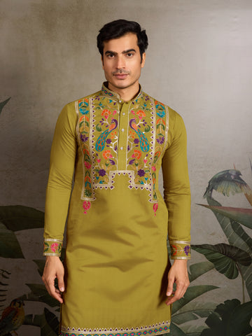 Festive Wear Flourescent Green Embroidered Kurta for Men