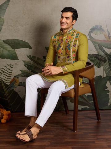 Festive Wear Flourescent Green Embroidered Kurta for Men