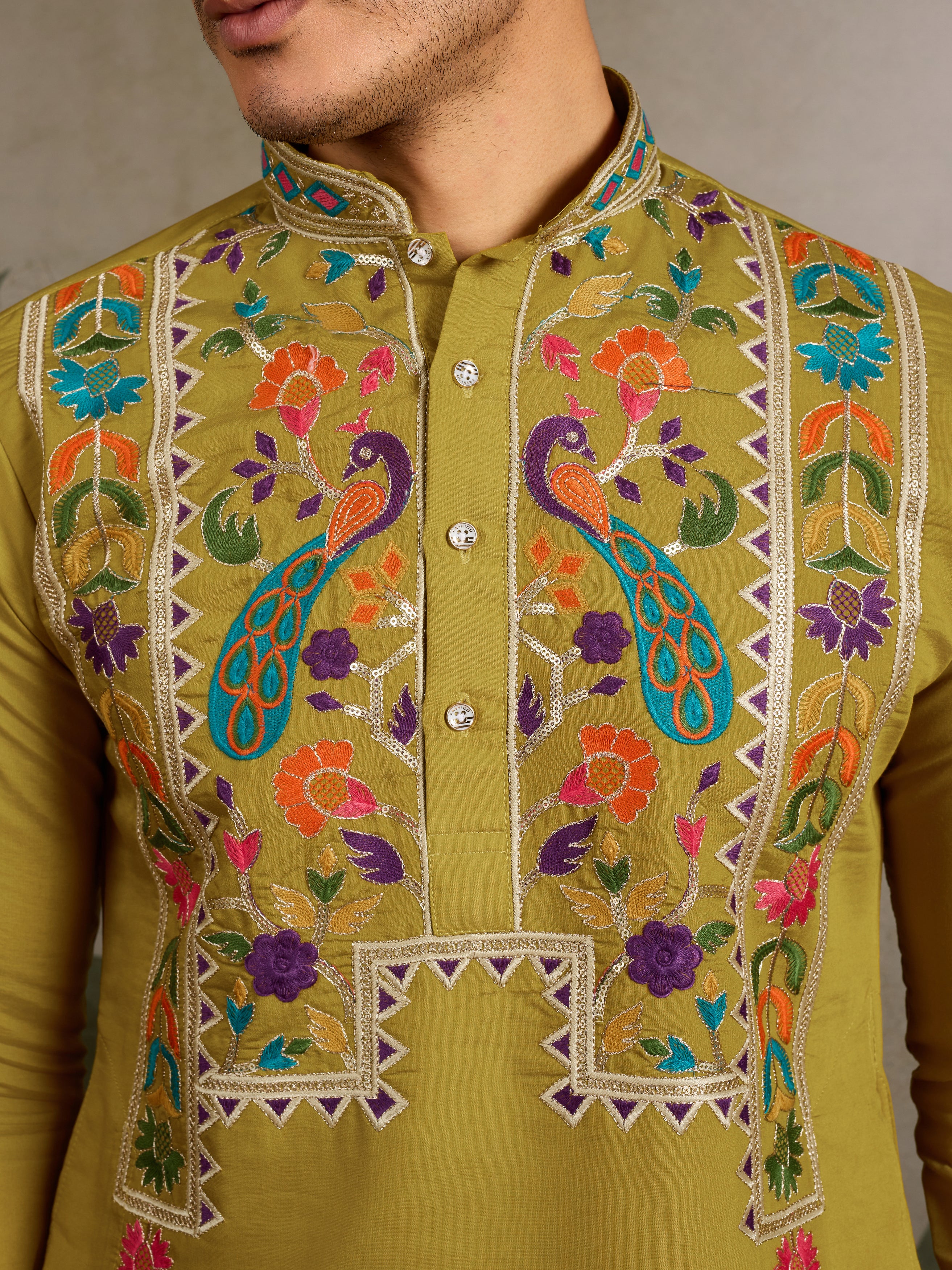 Festive Wear Flourescent Green Embroidered Kurta for Men