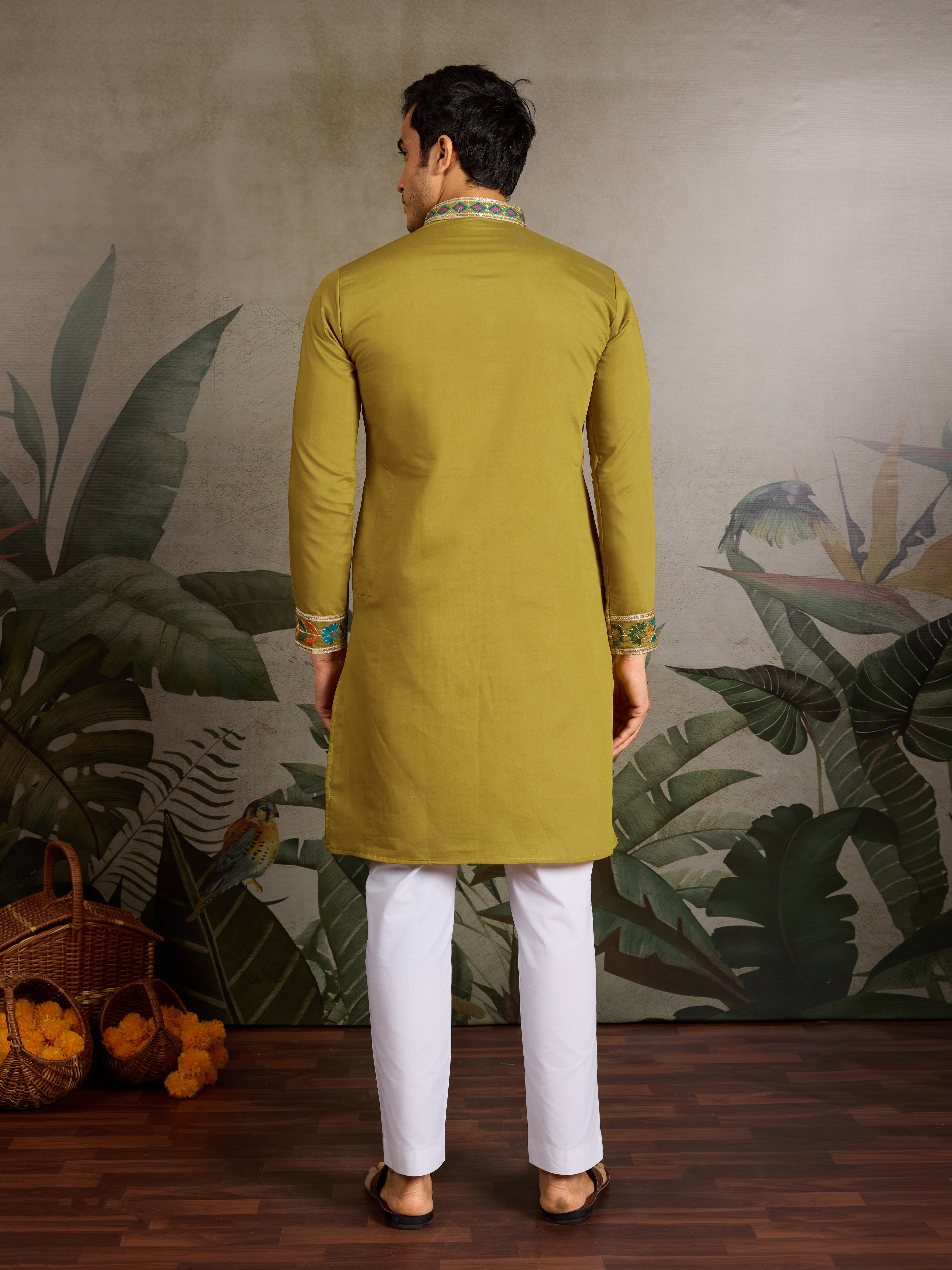 Festive Wear Flourescent Green Embroidered Kurta for Men