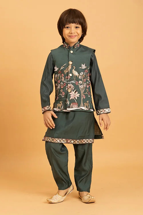 Party & Wedding Special Stylish Green Koti Kurta Set for Kids
