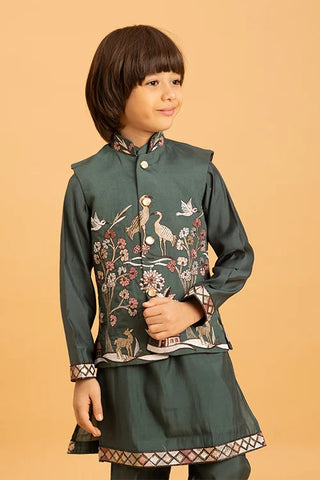 Party & Wedding Special Stylish Green Koti Kurta Set for Kids