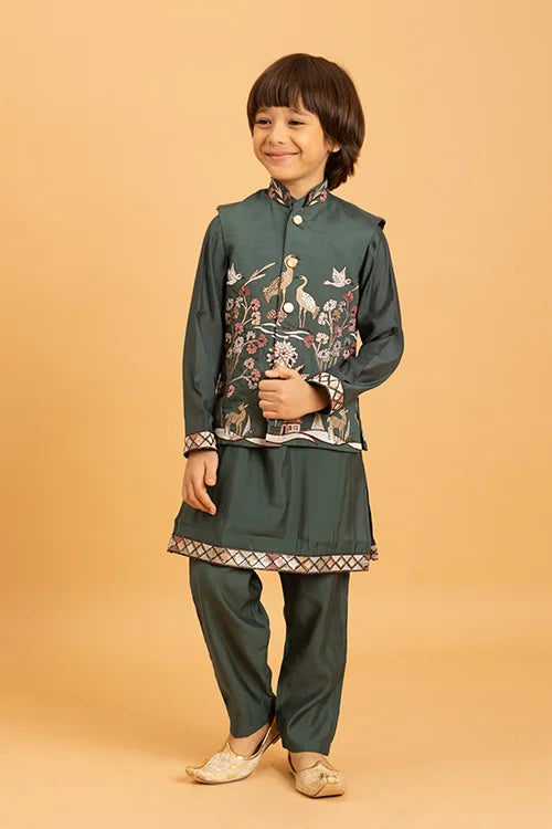 Party & Wedding Special Stylish Green Koti Kurta Set for Kids