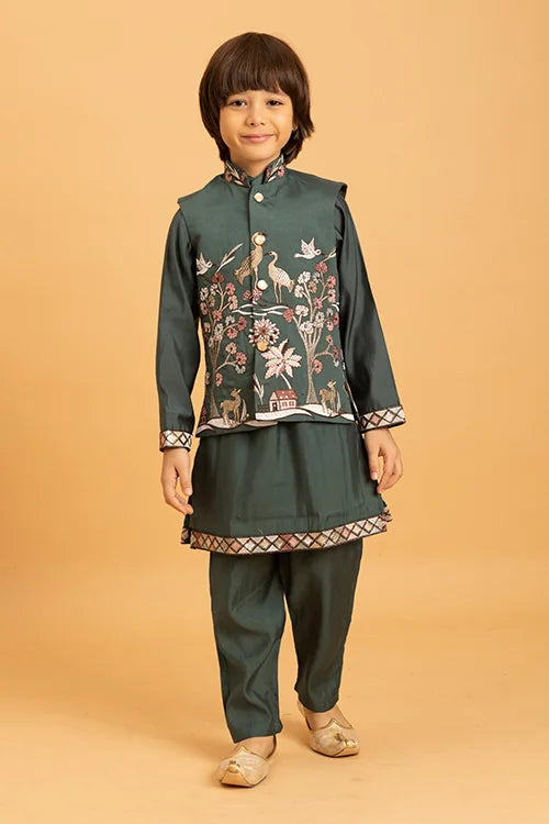 Party & Wedding Special Stylish Green Koti Kurta Set for Kids
