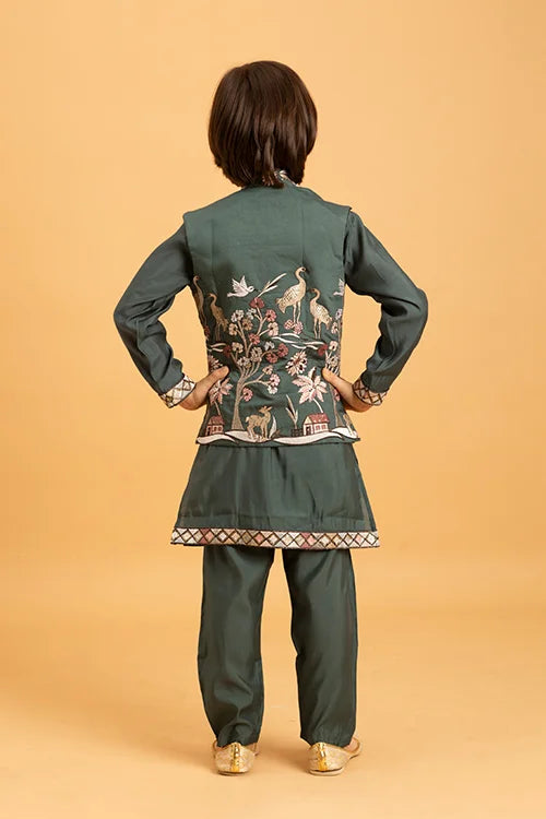 Party & Wedding Special Stylish Green Koti Kurta Set for Kids