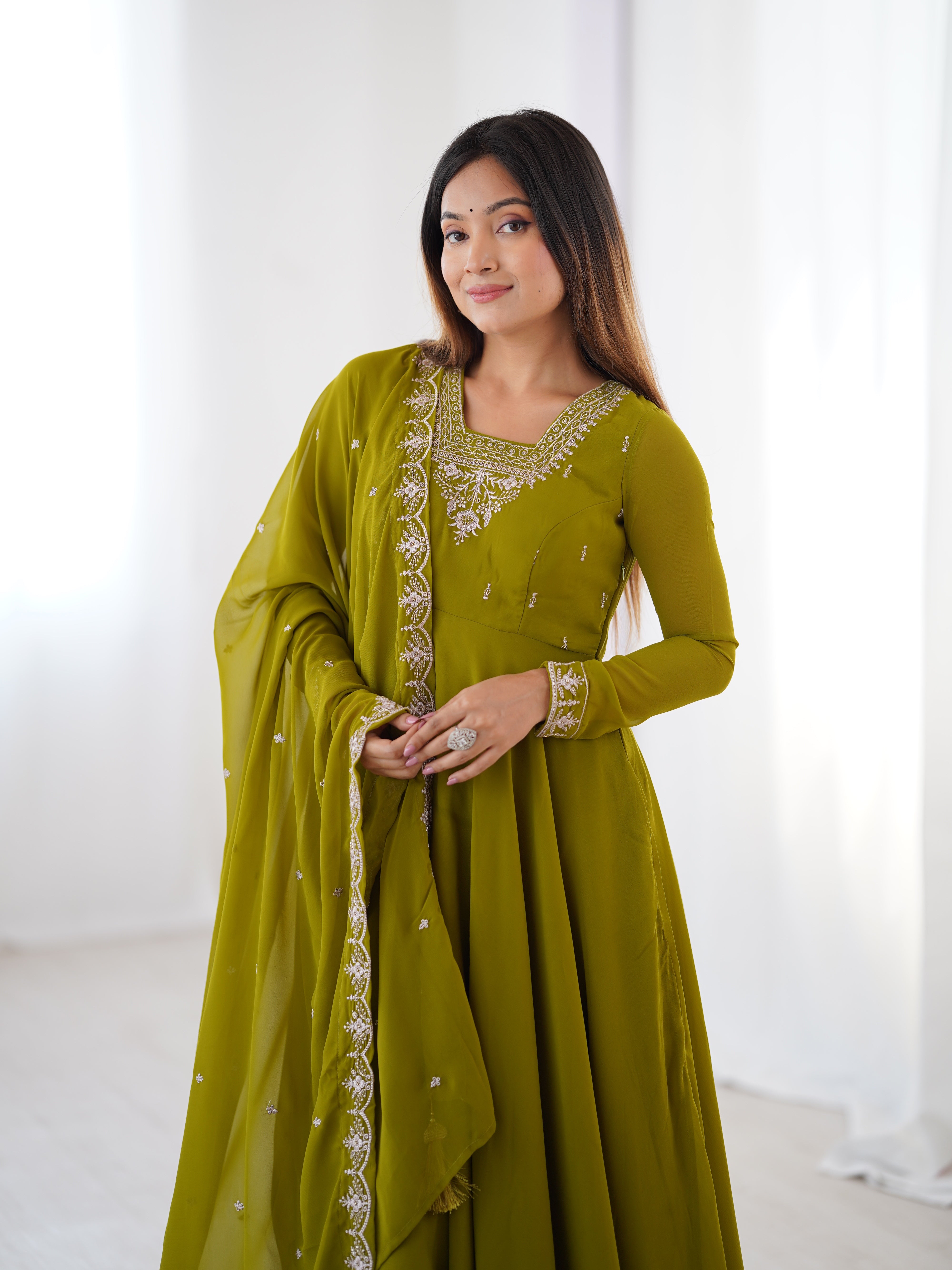 Pure Soft Faux Georgette Fully Flaired Anarkali Suit Comes With Duppatta & Pant - MEHENDI GREEN
