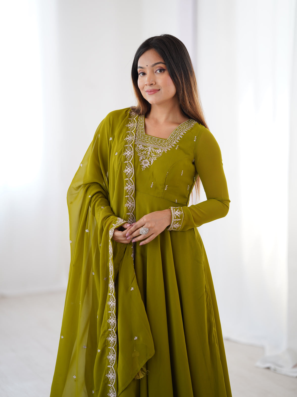 Pure Soft Faux Georgette Fully Flaired Anarkali Suit Comes With Duppatta & Pant - MEHENDI GREEN
