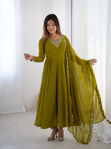 Pure Soft Faux Georgette Fully Flaired Anarkali Suit Comes With Duppatta & Pant - MEHENDI GREEN